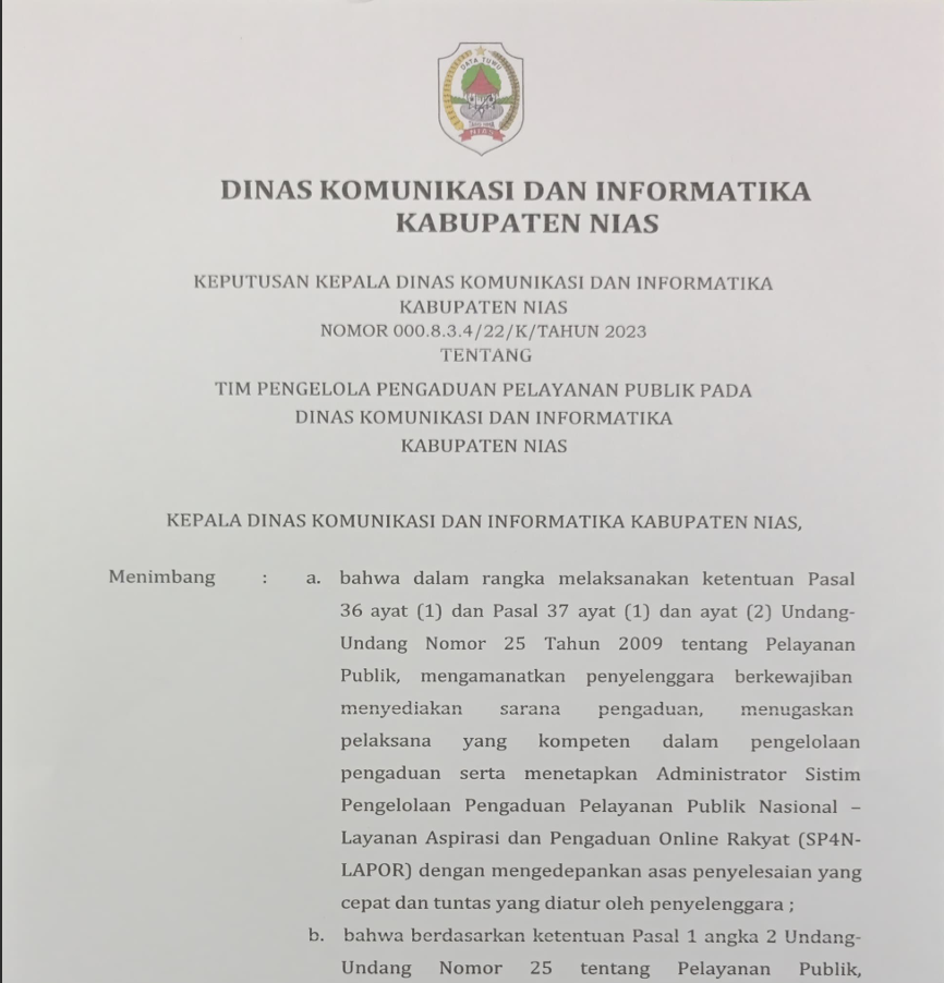 Tim Pengelola Pengaduan Pelayanan Publik Diskominfo Kabupaten Nias