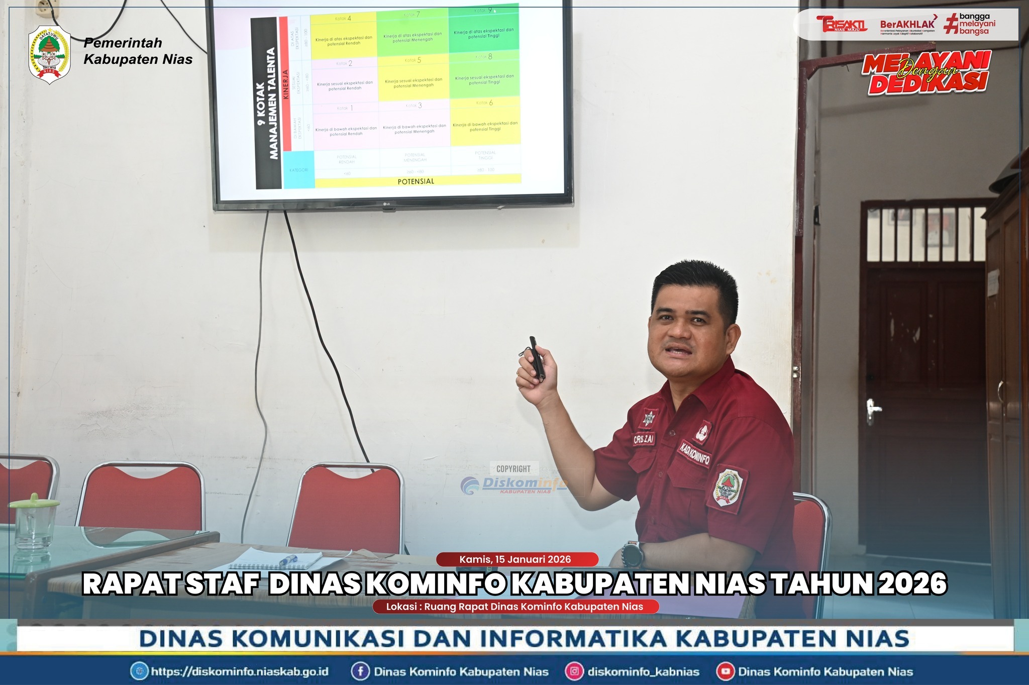 Dinas Komunikasi dan Informatika Kabupaten Nias melaksanakan Rapat Staf dalam rangka penguatan disiplin Aparatur Sipil Negara (ASN) serta penilaian Sasaran Kinerja Pegawai (SKP), bertempat di Ruang Pertemuan Dinas Kominfo Kabupaten Nias
