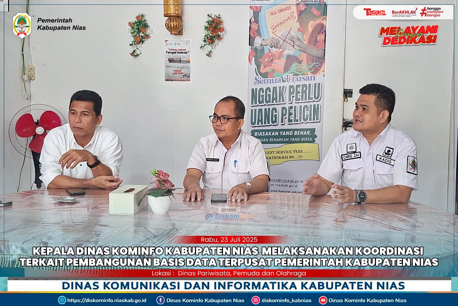 Kepala Dinas Kominfo Kabupaten Nias Melaksanakan koordinasi ke Dinas Pariwisata, Pemuda dan Olahraga Kabupaten Nias terkait pembangunan basis data terpusat pemerintah Kabupaten Nias