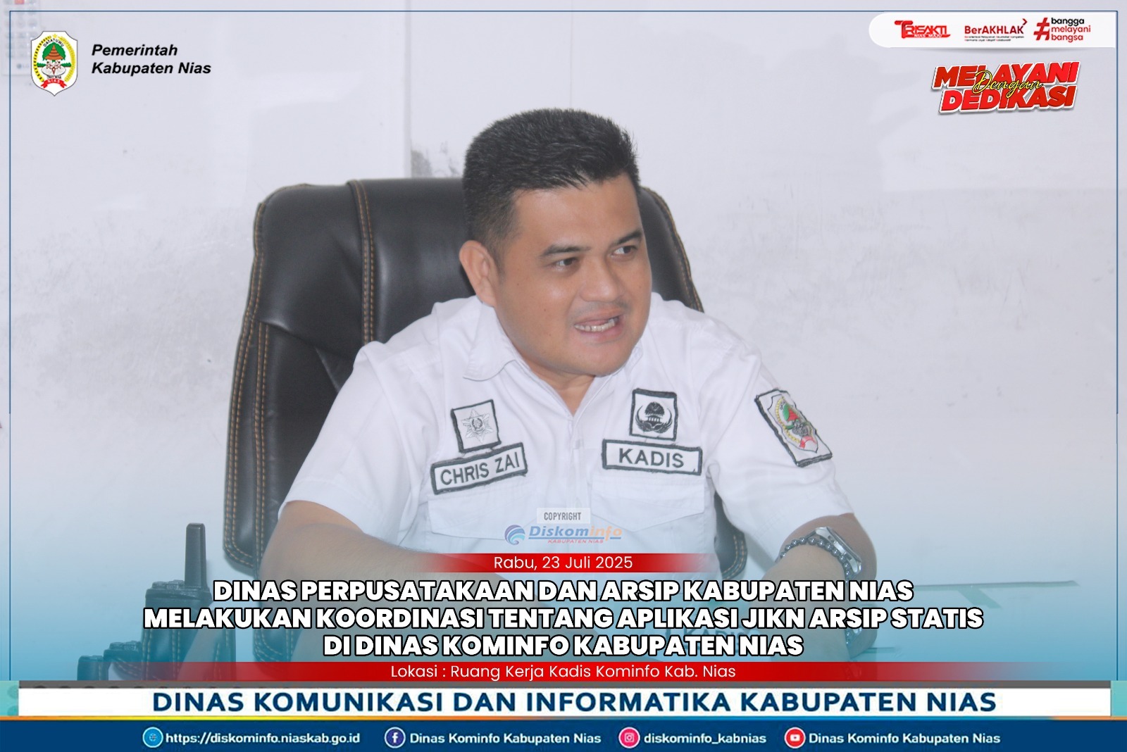 Kepala Dinas Kominfo Kabupaten Nias menerima kunjungan koordinasi dari Dinas Perpustakaan dan Arsip Kabupaten Nias